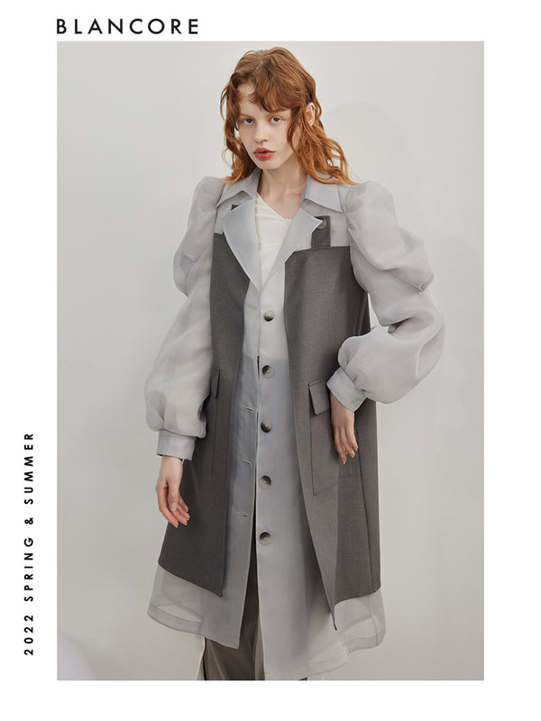 Mesh Paneled Trench Coat With Puff Sleeves