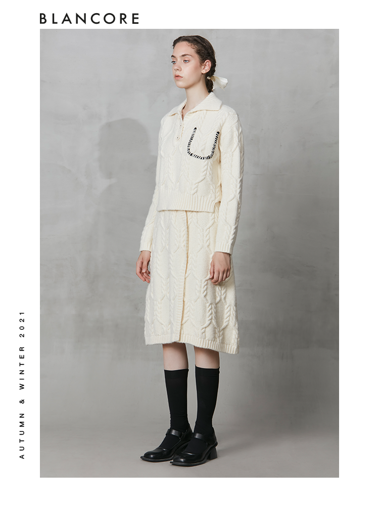 Off-White Knit Suit -Asymmetrical Polo Collar Top & Cocoon Skirt