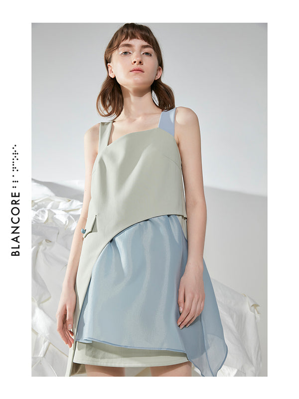 COLOR BLOCK MESH PANELLED STRAP DRESS
