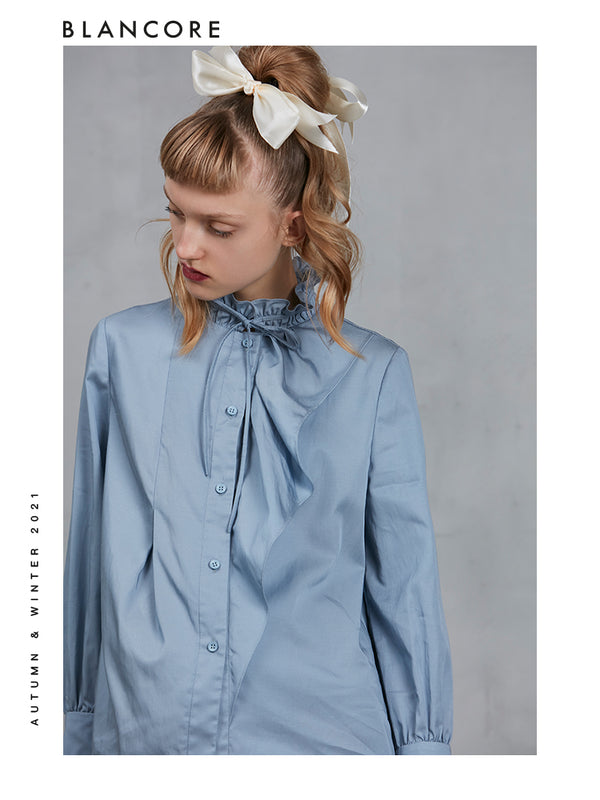 Asymmetrical Standing Collar Blouse With Ruffle Detail