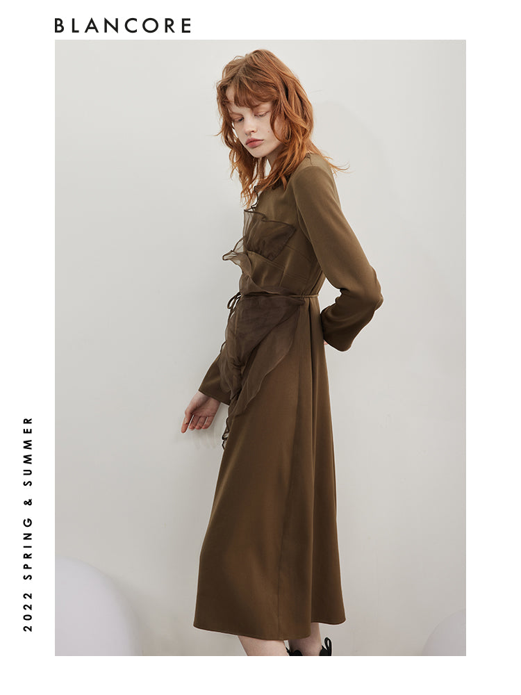 Mesh Paneled Long Sleeve Dress With Belt
