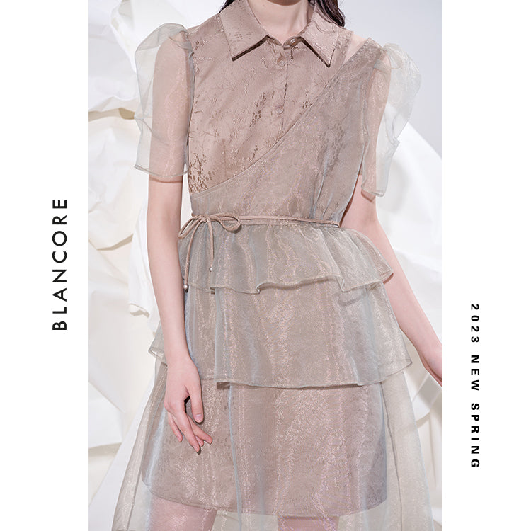 Tulle Sheer Paneled Shirt Style Dress