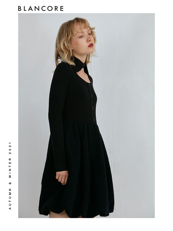 Black Knit Dress With Oversized Pockets