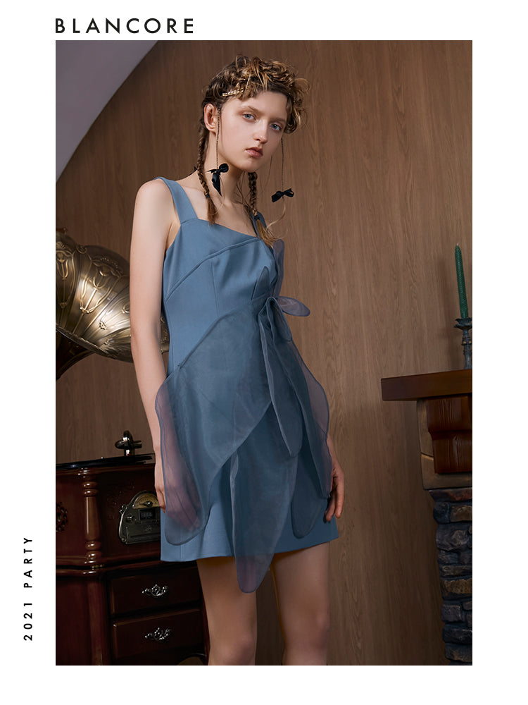 Color Block Off-Shoulder Dress With Mesh Detail (2-piece set)