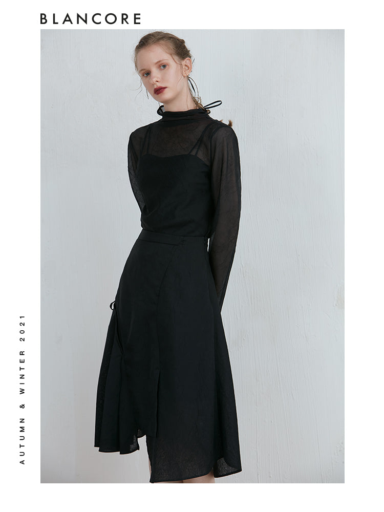 Asymmetrical Mesh Pleated Skirt