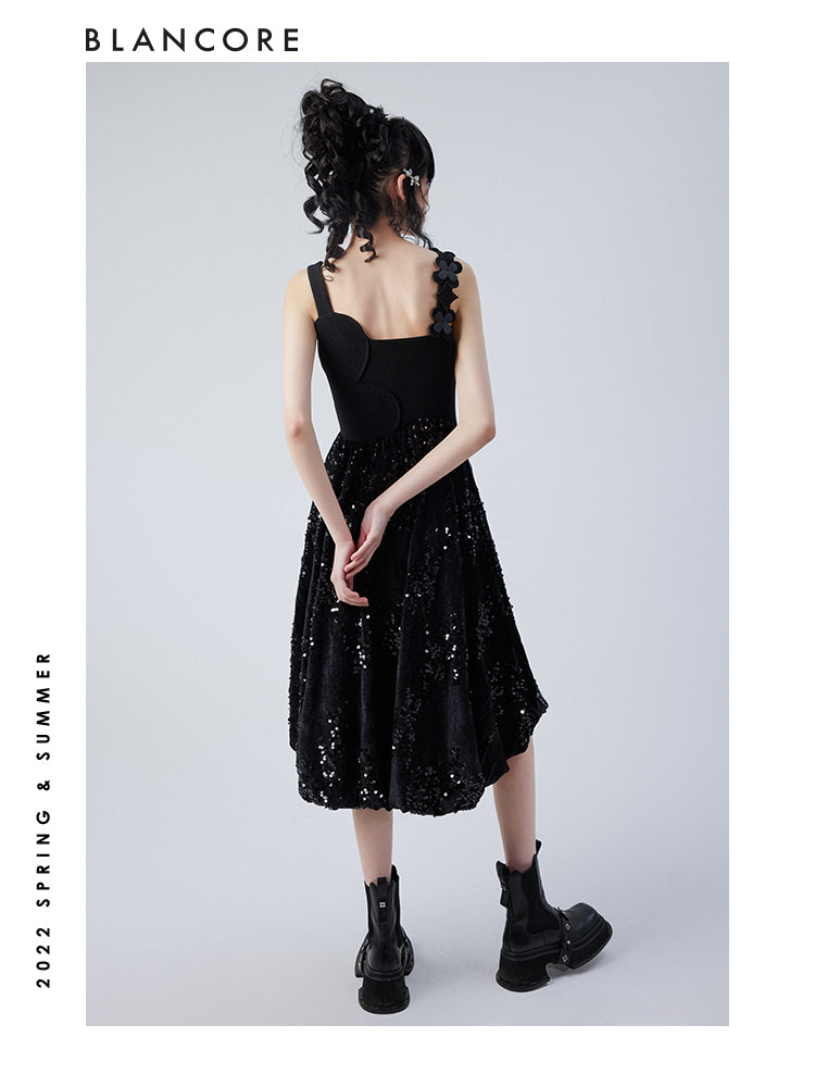 Black Slip Sequin Midi Dress