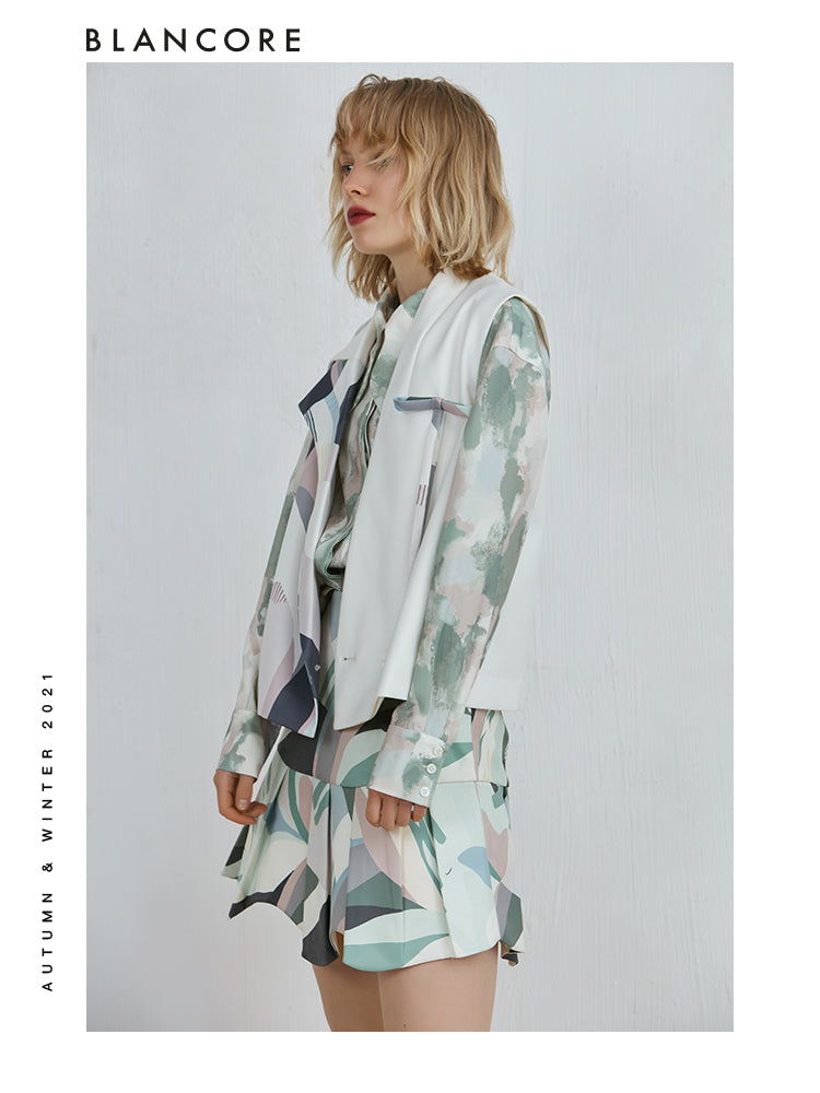 Color-Block Printed Panelled Vest Coat