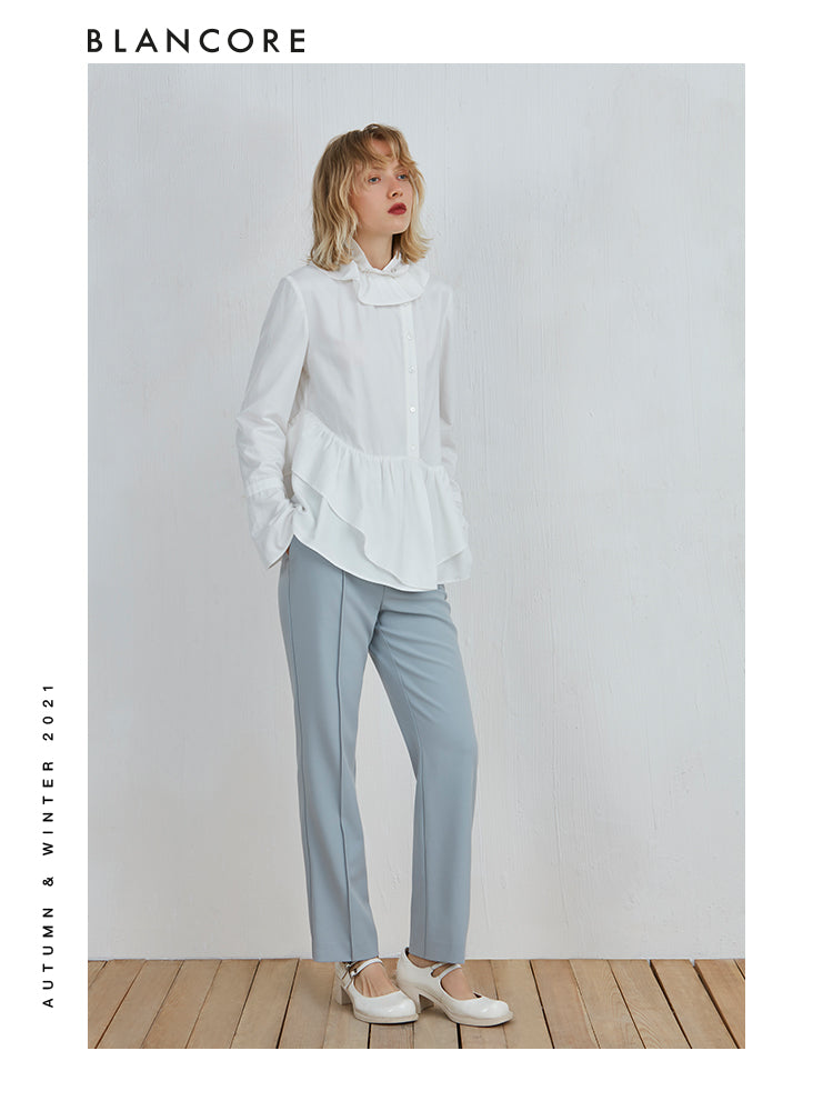 Standing Collar Shirt With Ruffle Detail
