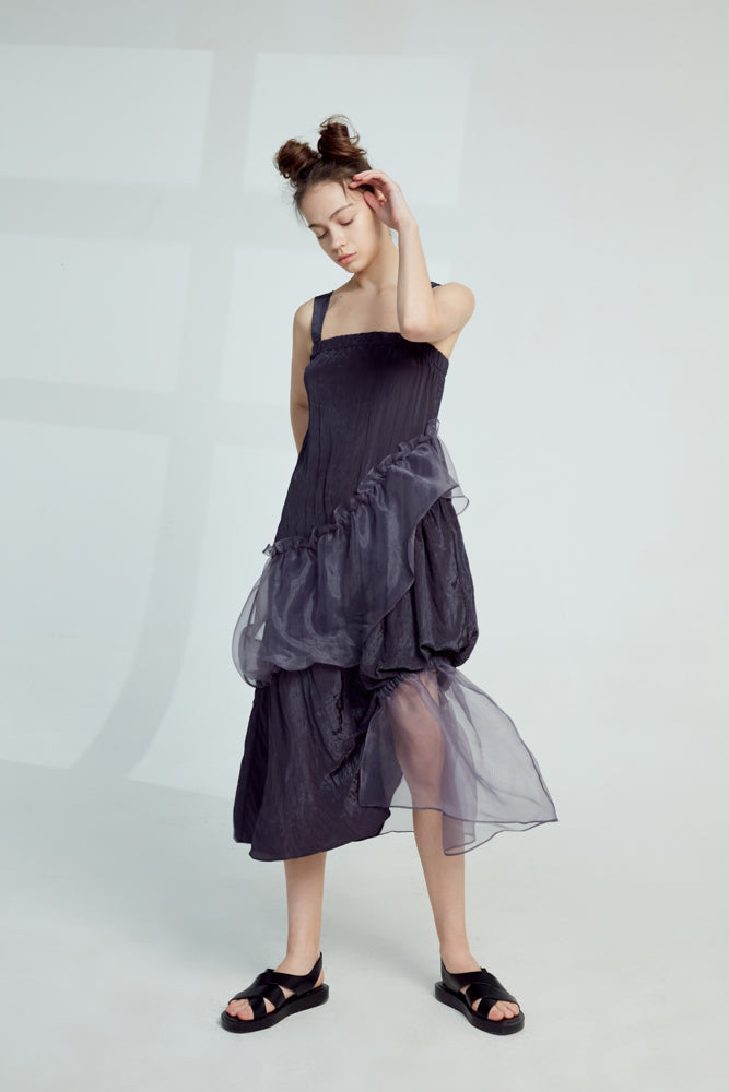 Asymmetric Mesh Panel Slip Dress