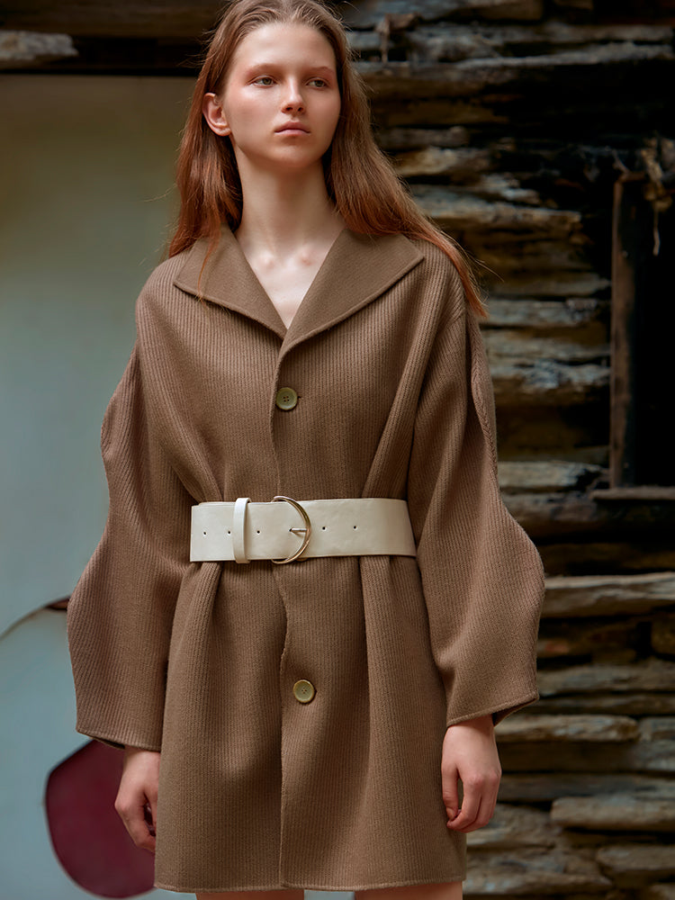 KNITTED DOUBLE FACED WOOL COAT（DARK BROWN)