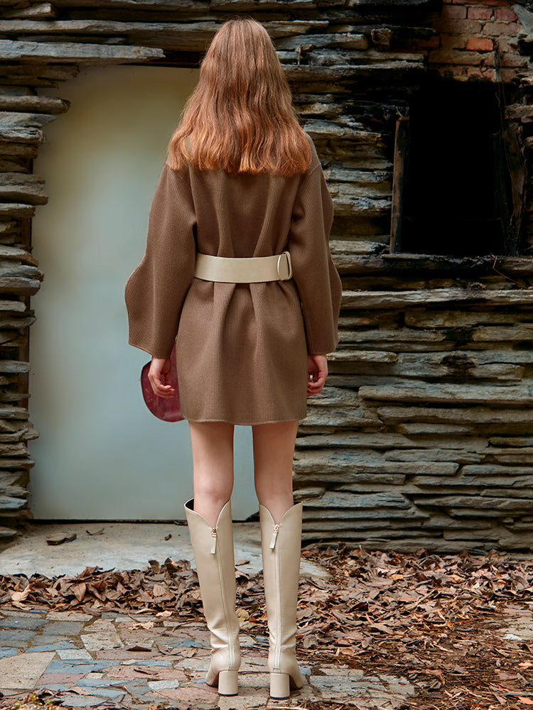 KNITTED DOUBLE FACED WOOL COAT（DARK BROWN)