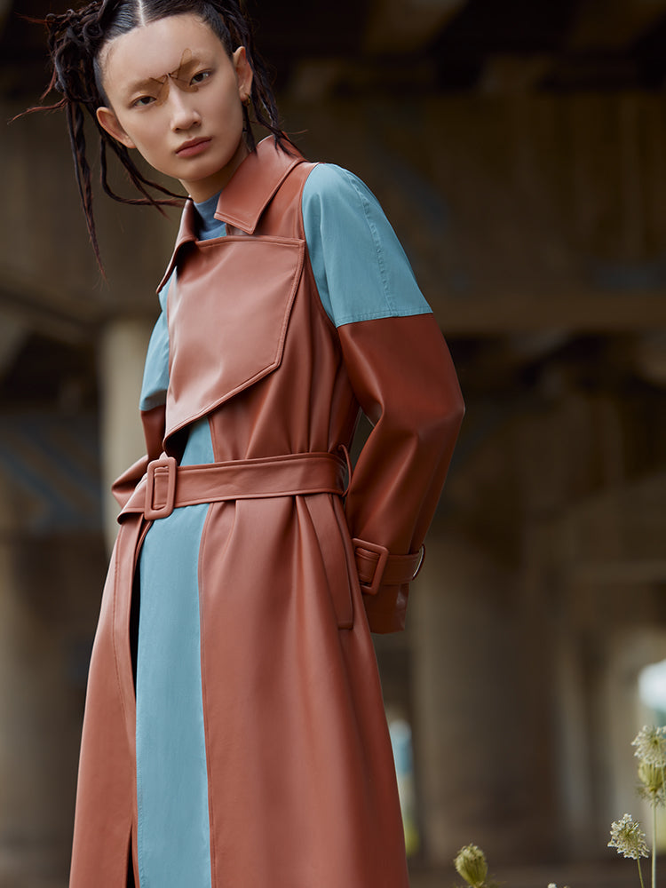 COLOR BLOCK LEATHER TRENCH COAT