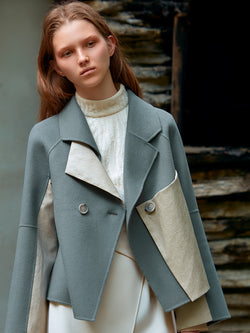 COLOR BLOCK FEATHER PANELED WOOL COAT