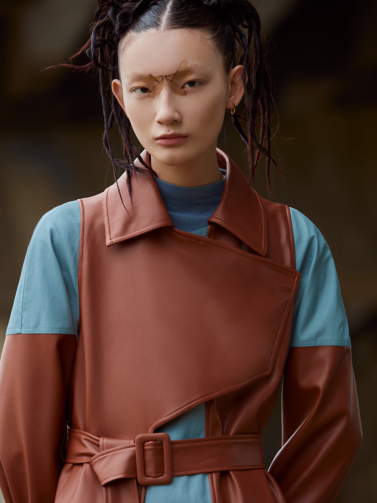 COLOR BLOCK LEATHER TRENCH COAT