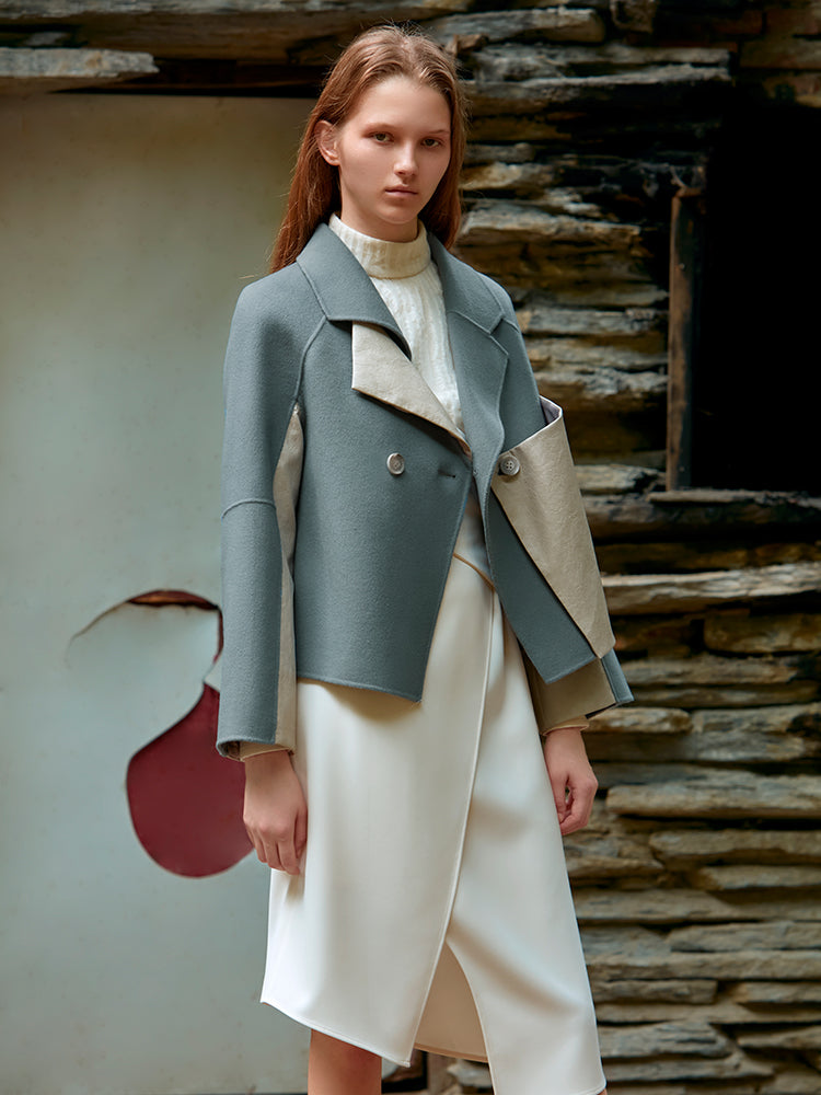 COLOR BLOCK FEATHER PANELED WOOL COAT