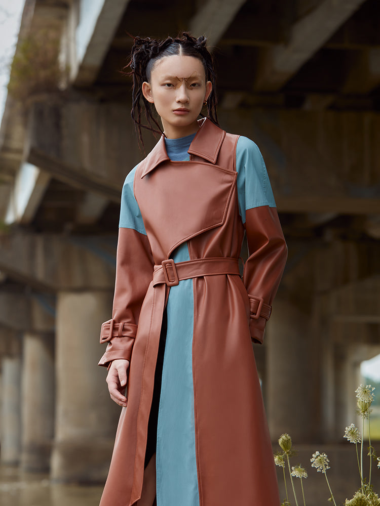 COLOR BLOCK LEATHER TRENCH COAT