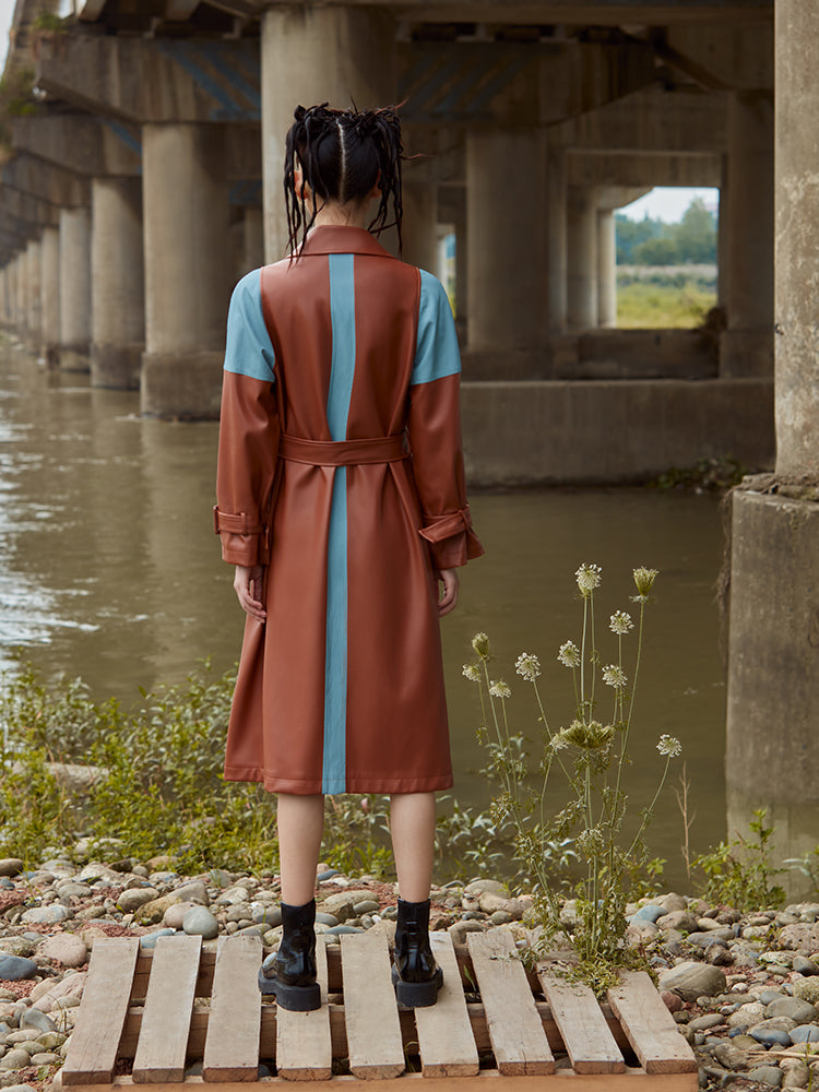 COLOR BLOCK LEATHER TRENCH COAT