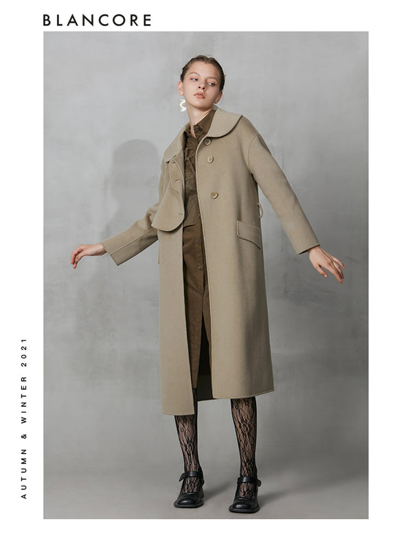 H-belted Wool Coat With Top Layer Detail