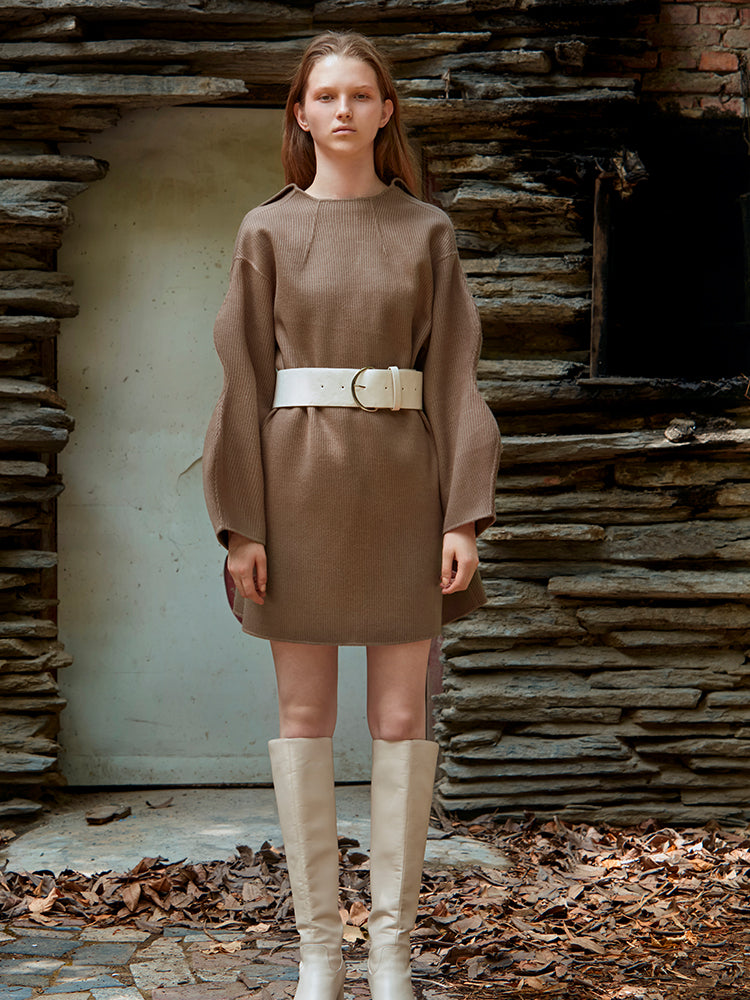 KNITTED DOUBLE FACED WOOL COAT（DARK BROWN)