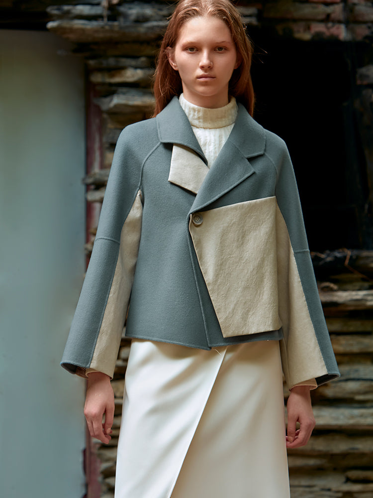 COLOR BLOCK FEATHER PANELED WOOL COAT