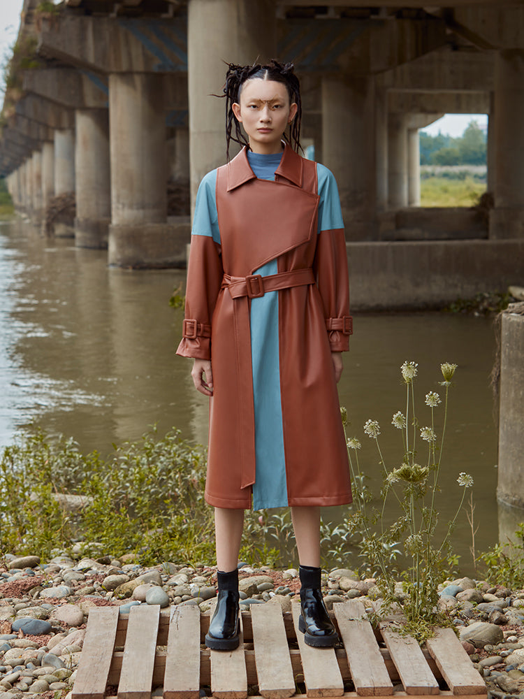 COLOR BLOCK LEATHER TRENCH COAT