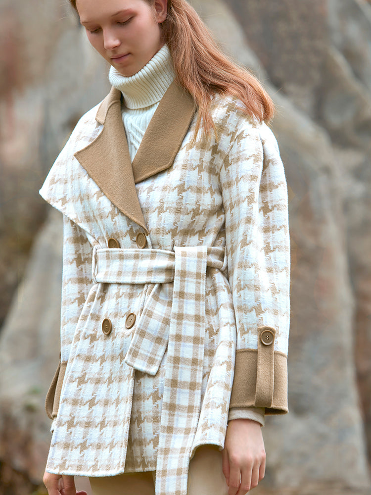 PLAID HOODED WOOL COAT