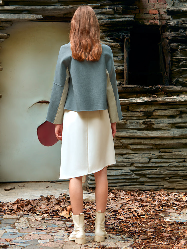 COLOR BLOCK FEATHER PANELED WOOL COAT