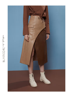 COLOR BLOCK SPLIT LEATHER SKIRT
