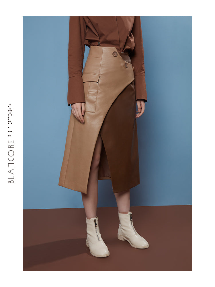 COLOR BLOCK SPLIT LEATHER SKIRT