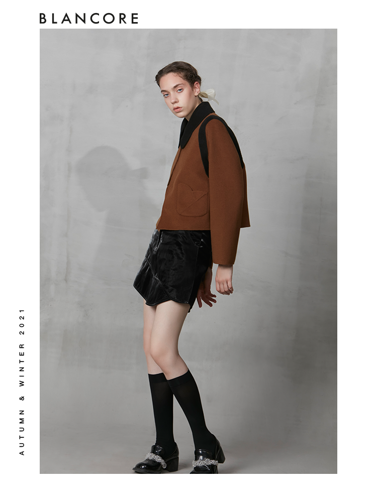 Wool Coat With Black Curved Collar And "Hollow-Out" Shoulder Detail