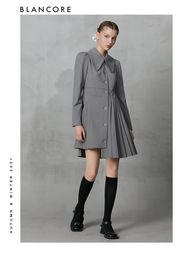 Asymmetrical Pleated Blazer Dress With Curved Collar
