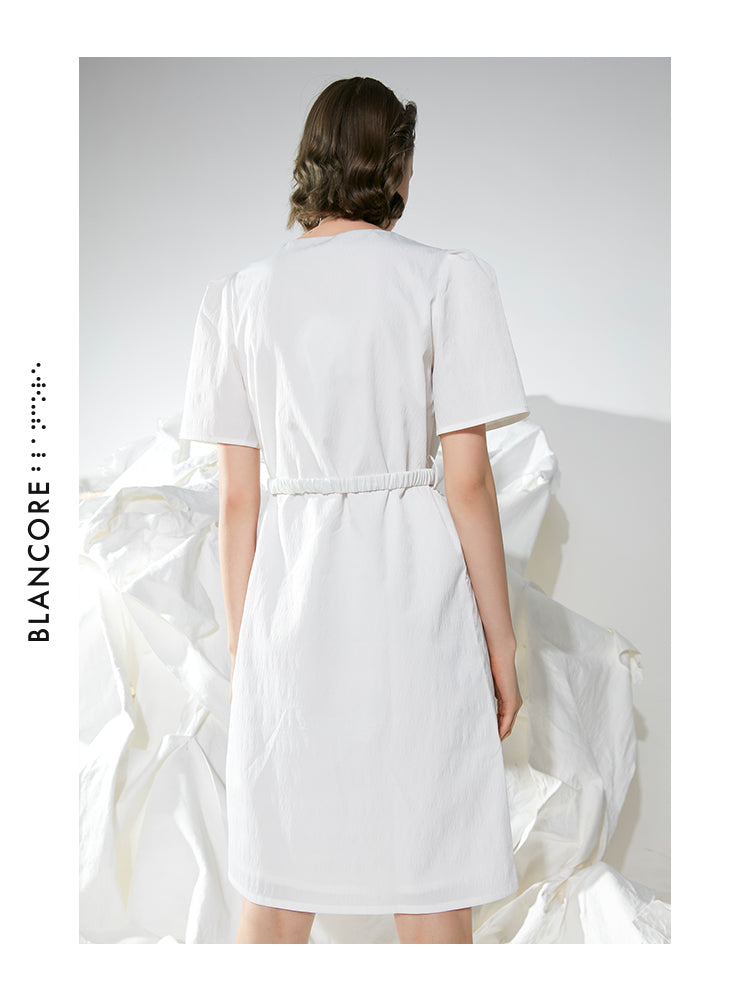 CURVED SPLICING DRESS WTIH PUFFY SLEEVES