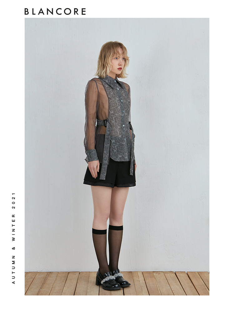 Mesh-panelled Long Sleeve Shirt With Blossom-print Detail