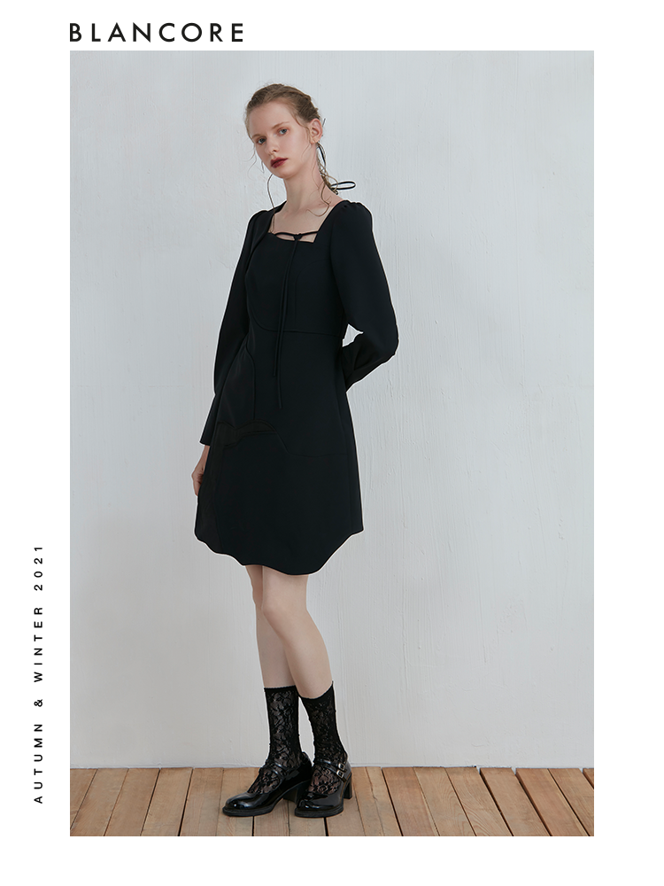 Curve Panelled Long Sleeve Black Dress With Tie Detail