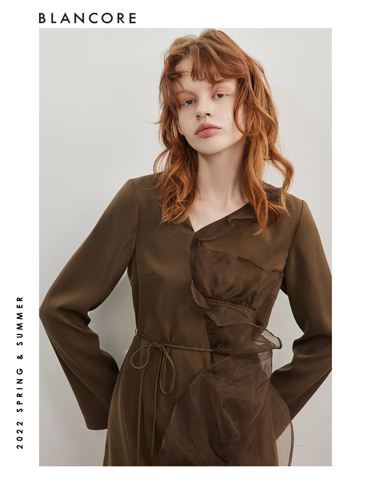 Mesh Paneled Long Sleeve Dress With Belt