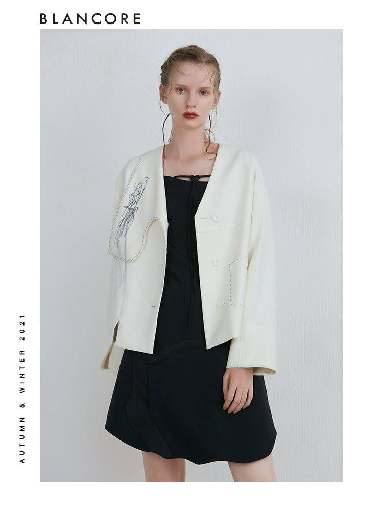 Asymmetrical Curve Panelled Jacket With Embroidered Detail