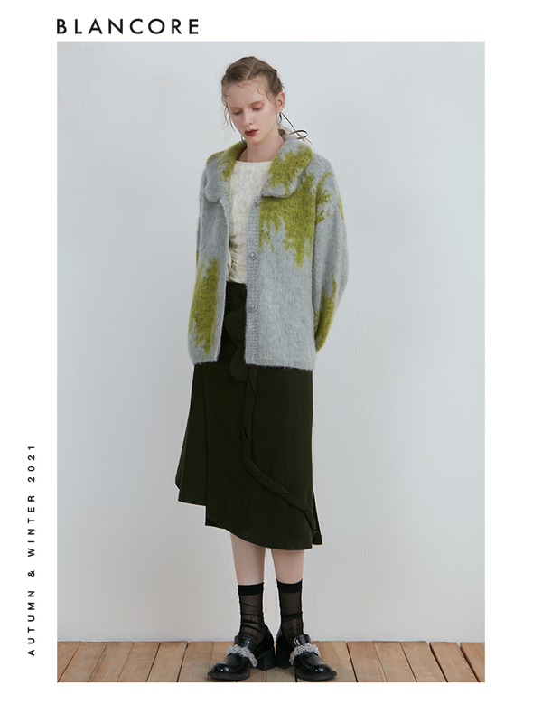Color Block Cardigan With Curved Collar