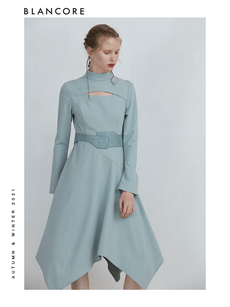 Asymmetrical Long Sleeve Dress With Hollow-Out And Belt Detail