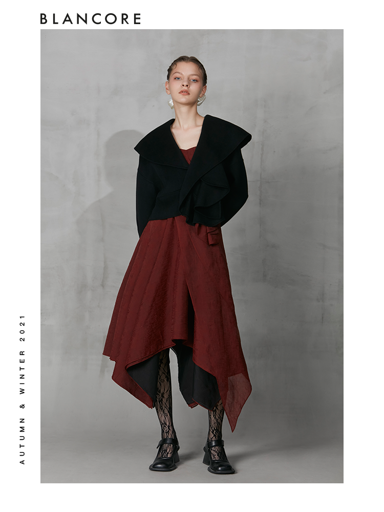 Asymmetrical Cropped Wool Coat With Ruffle Detail