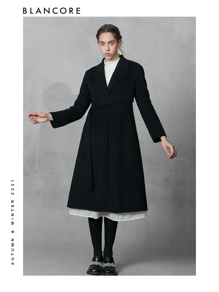 Black Shoulder Pad Coat With Obi Belt