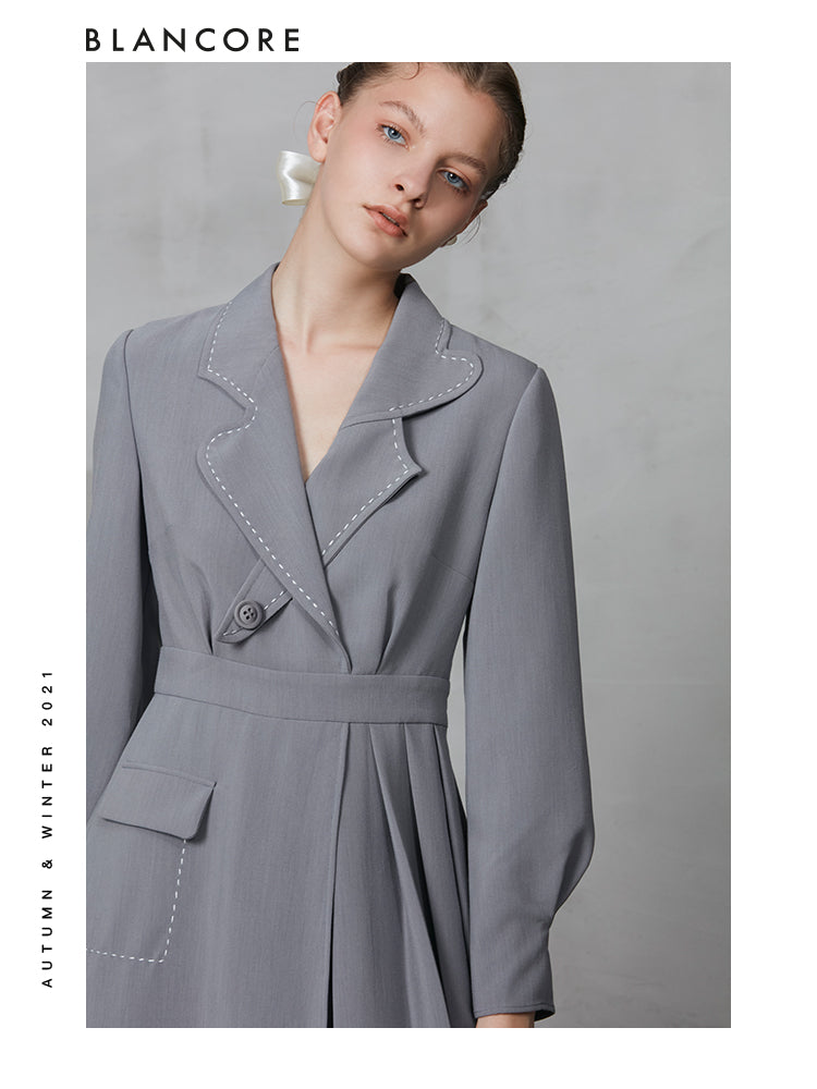 Asymmetrical Pleated Dress With  Curvy Notched Collar