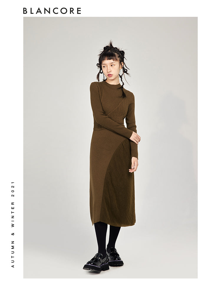 Curved Split Wool & Knit Dress