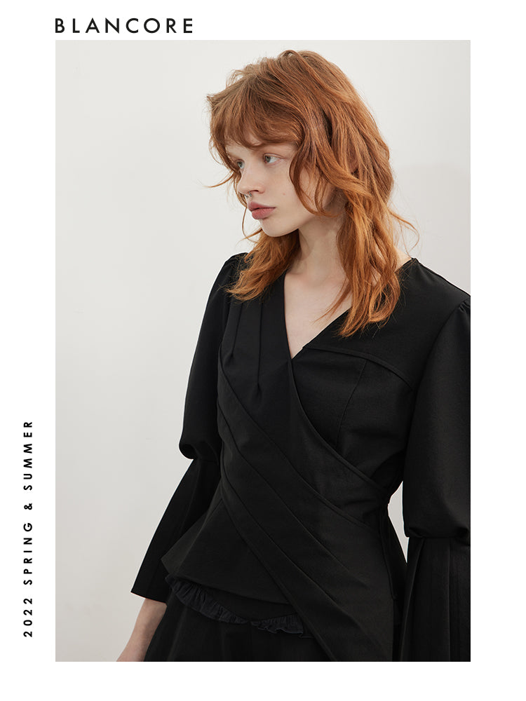 Asymmetrical Wrapped Top With Puff Sleeves