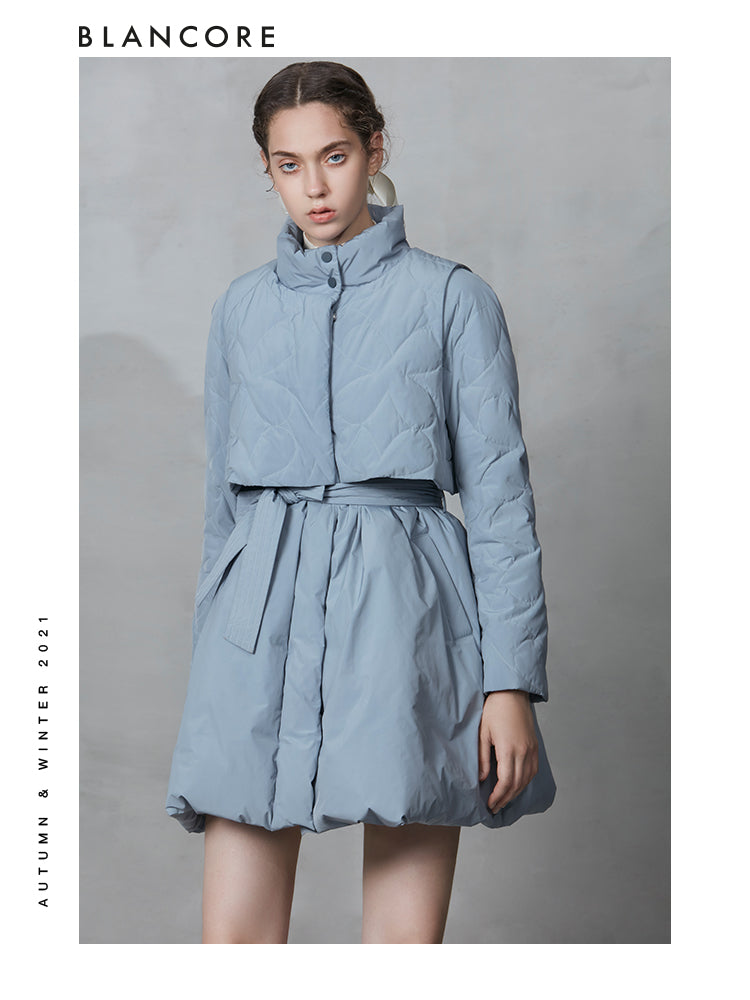 Layered Down Coat With Waist Detail