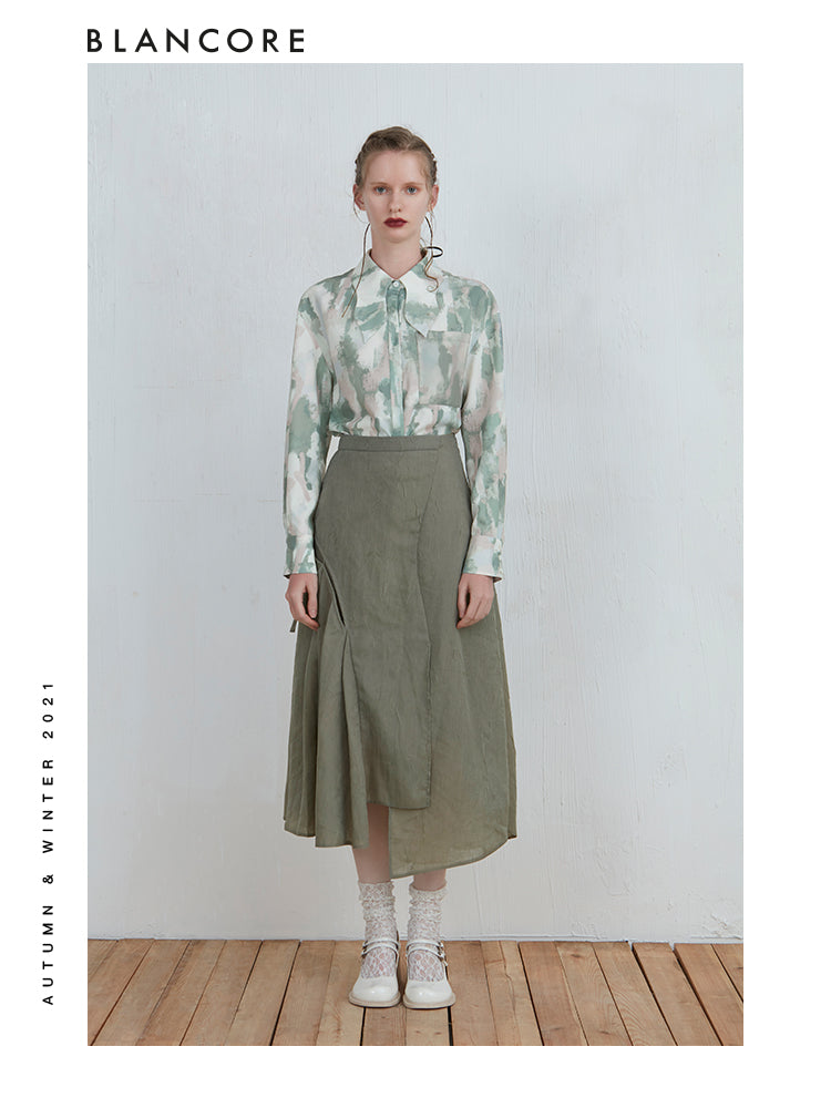 Color Printed Blouse With Curved Collar