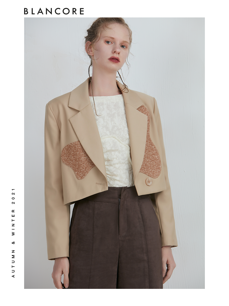 Detachable Khaki Jacquard Print Panelled Blazer