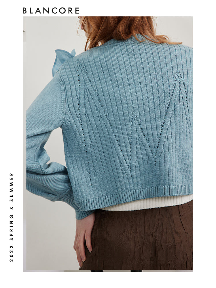 Asymmetrical Mesh Paneled Drawstring Cardigan