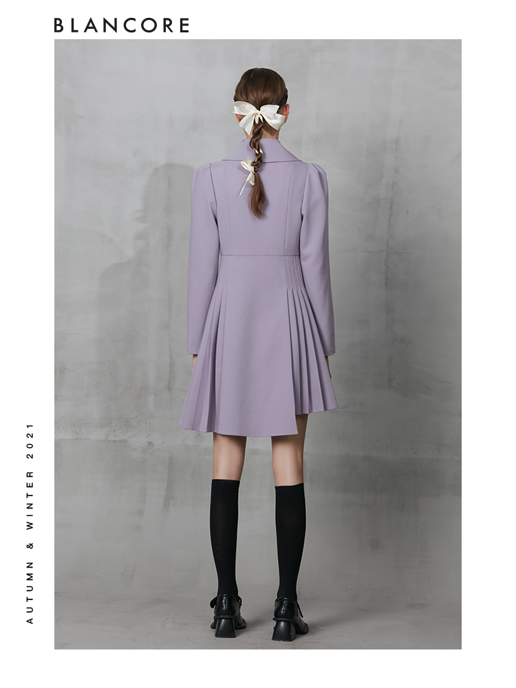 Asymmetrical Pleated Blazer Dress With Curved Collar