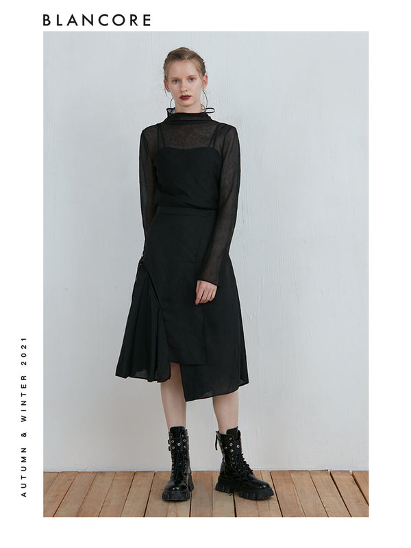 Asymmetrical Mesh Pleated Skirt