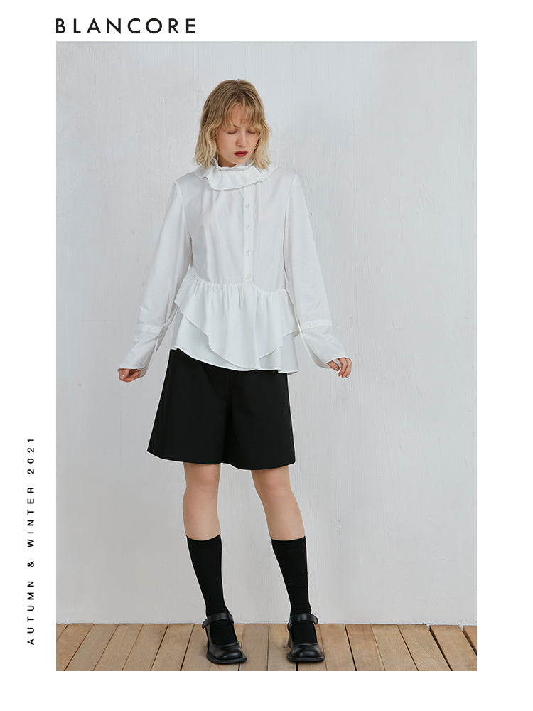 Standing Collar Shirt With Ruffle Detail